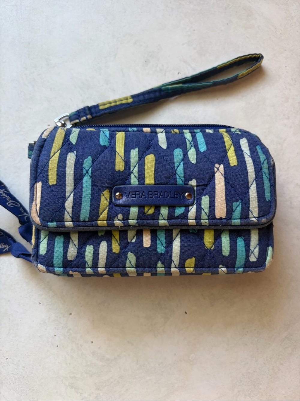 Vera Bradley Navy Quilted Wristlet with Teal & Yellow Accents